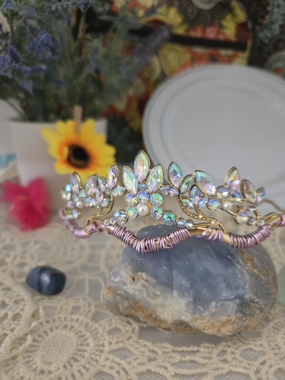 Handcrafted Crystal Leaf Tiara Headband Iridescent Pink Bridal Festival Crown